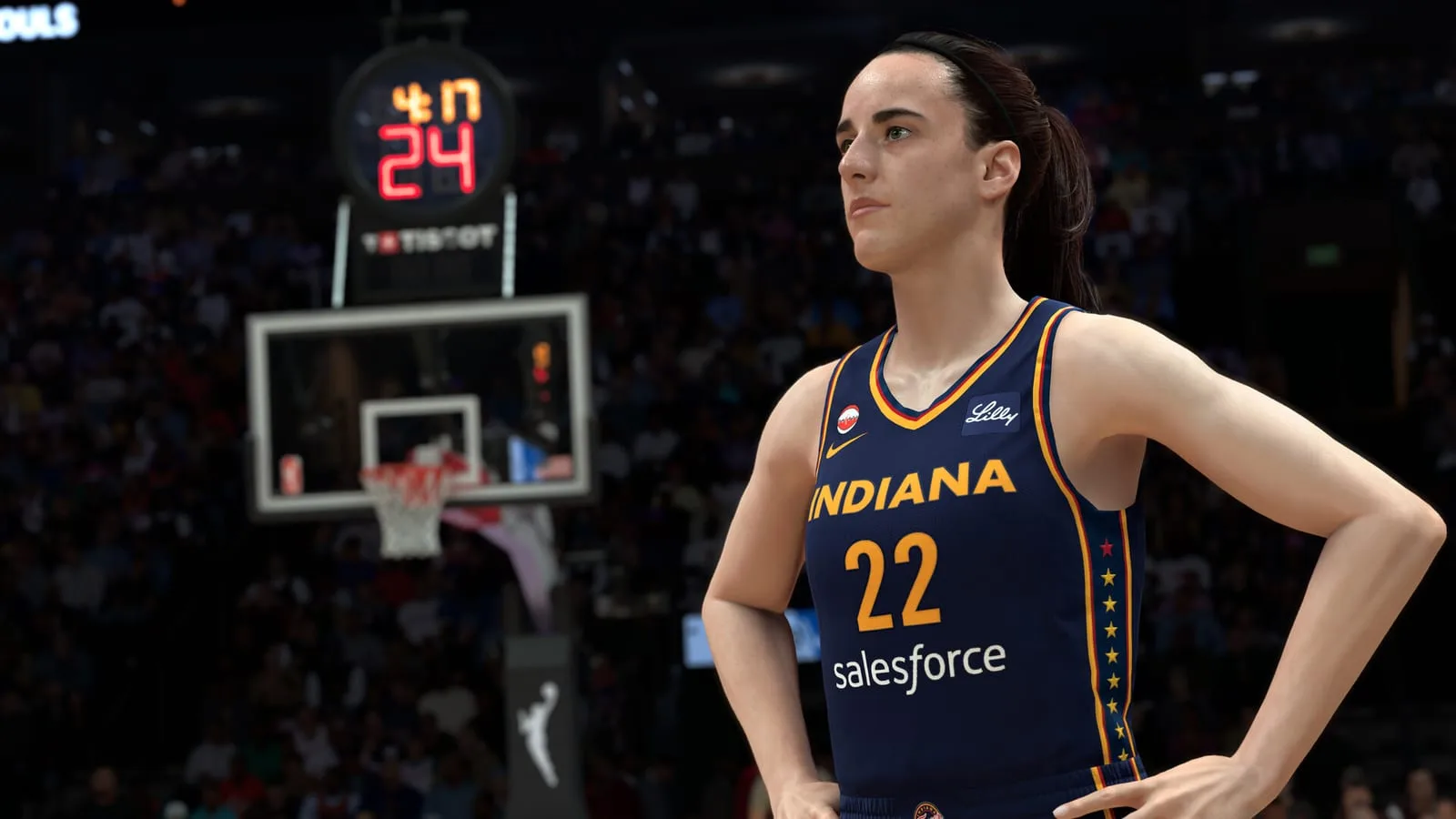 Jogador finalizando cesta com técnica realista em NBA 2K27