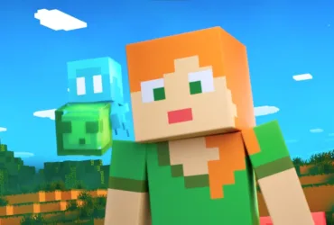 Print da tela inicial de Minecraft Java Edition mostrando gráficos e personagens