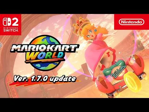 Screenshot do trailer da atualização 1.7.0 de Mario Kart World mostrando ação em pista