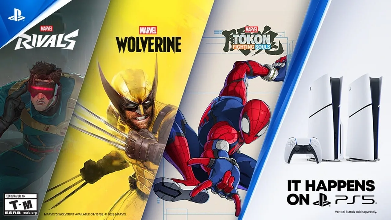 Screenshot do trailer oficial Marvel Games 2026 no PS5 mostrando herói em ação