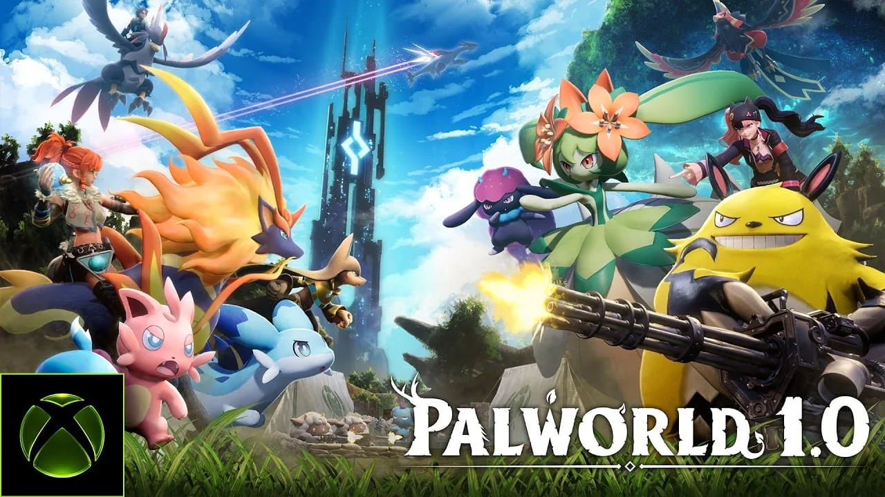 Screenshot oficial de Palworld 1.0 mostrando criatura Pal e cenário aberto