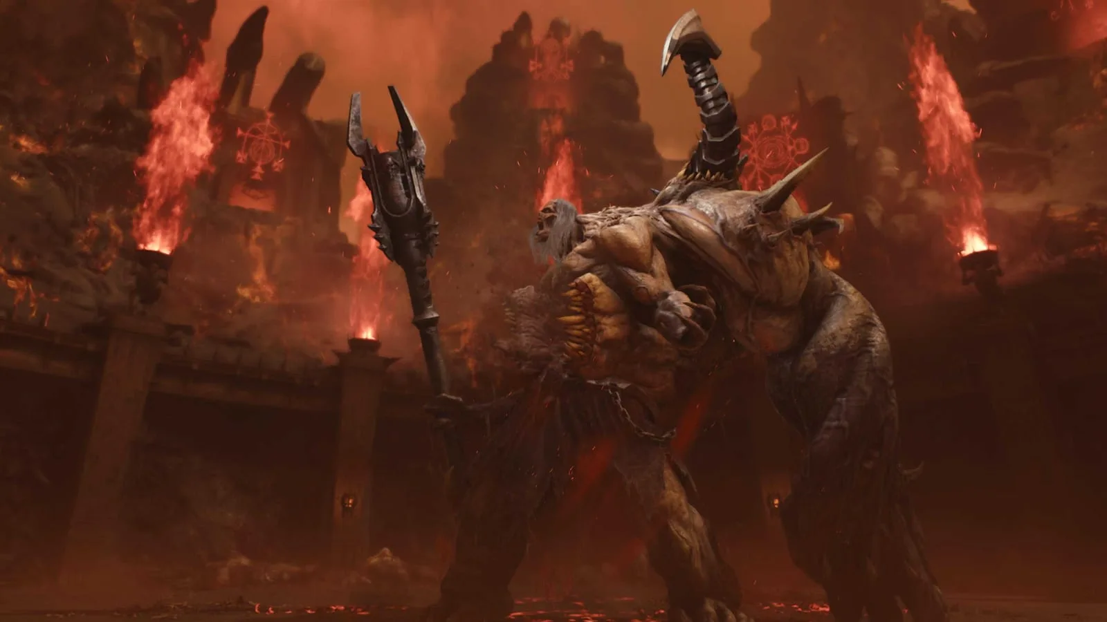 Slayer enfrenta um demônio enquanto usa a Chain Spear no DLC da Id Software