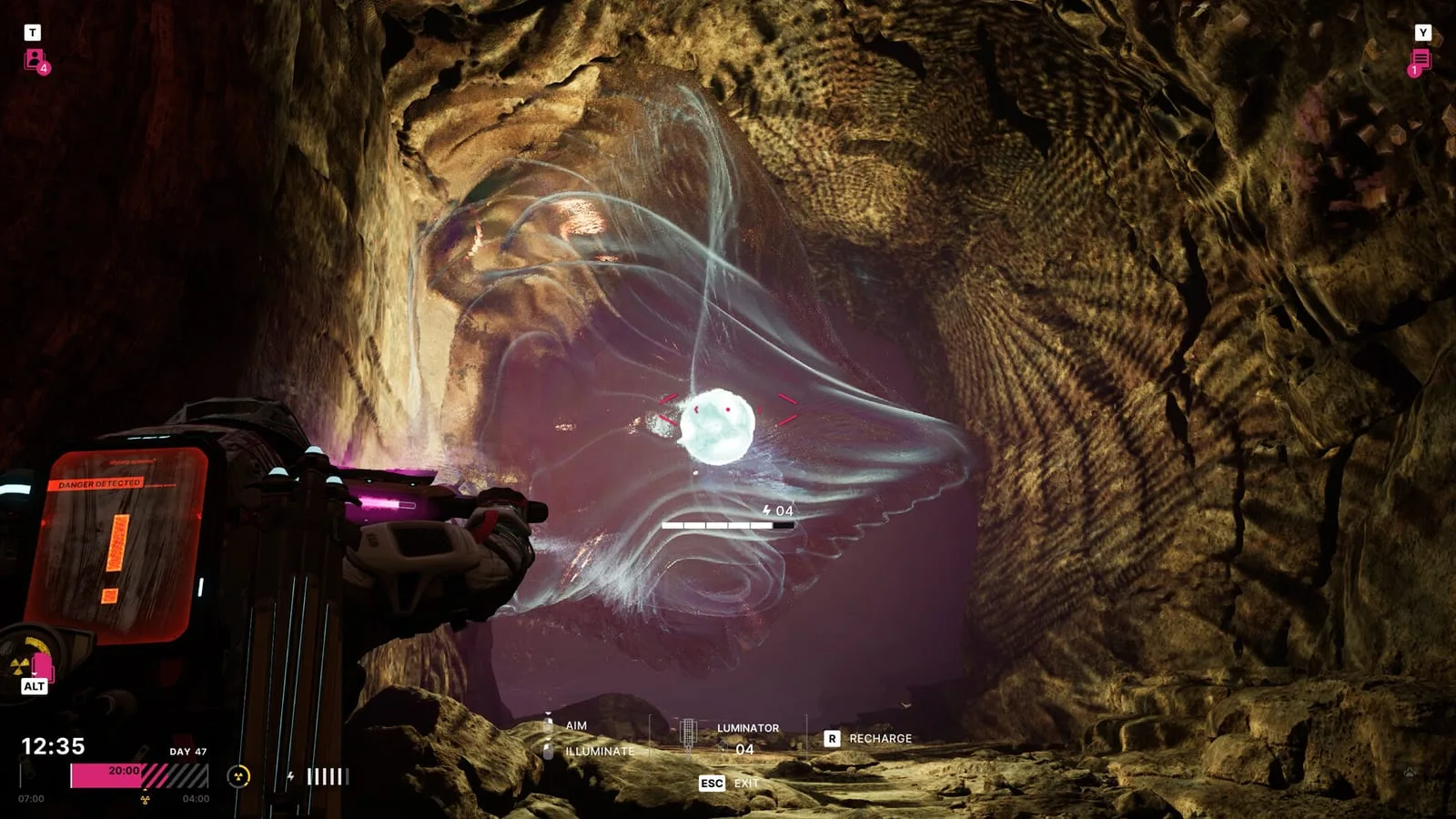 Tela do jogo The Alters mostrando ambiente misterioso e exploração