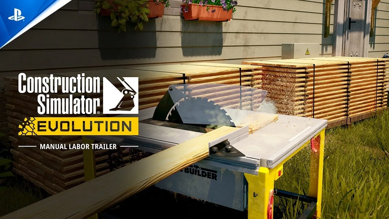 Trailer oficial de Construction Simulator Evolution no PS5 mostrando trabalho manual em canteiro de obras