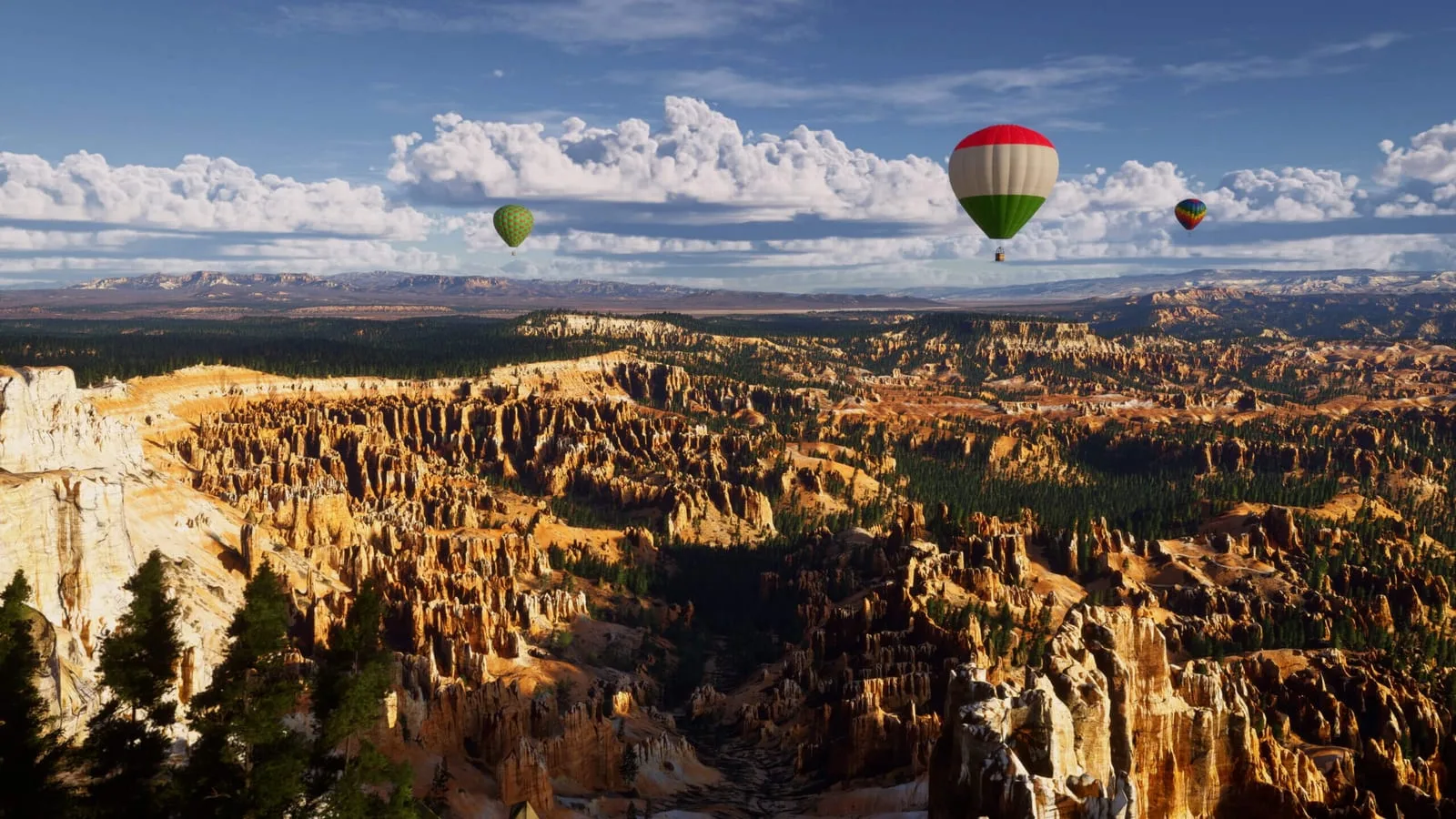 Vista aérea do Bryce Canyon National Park com formações rochosas icônicas renderizadas no jogo