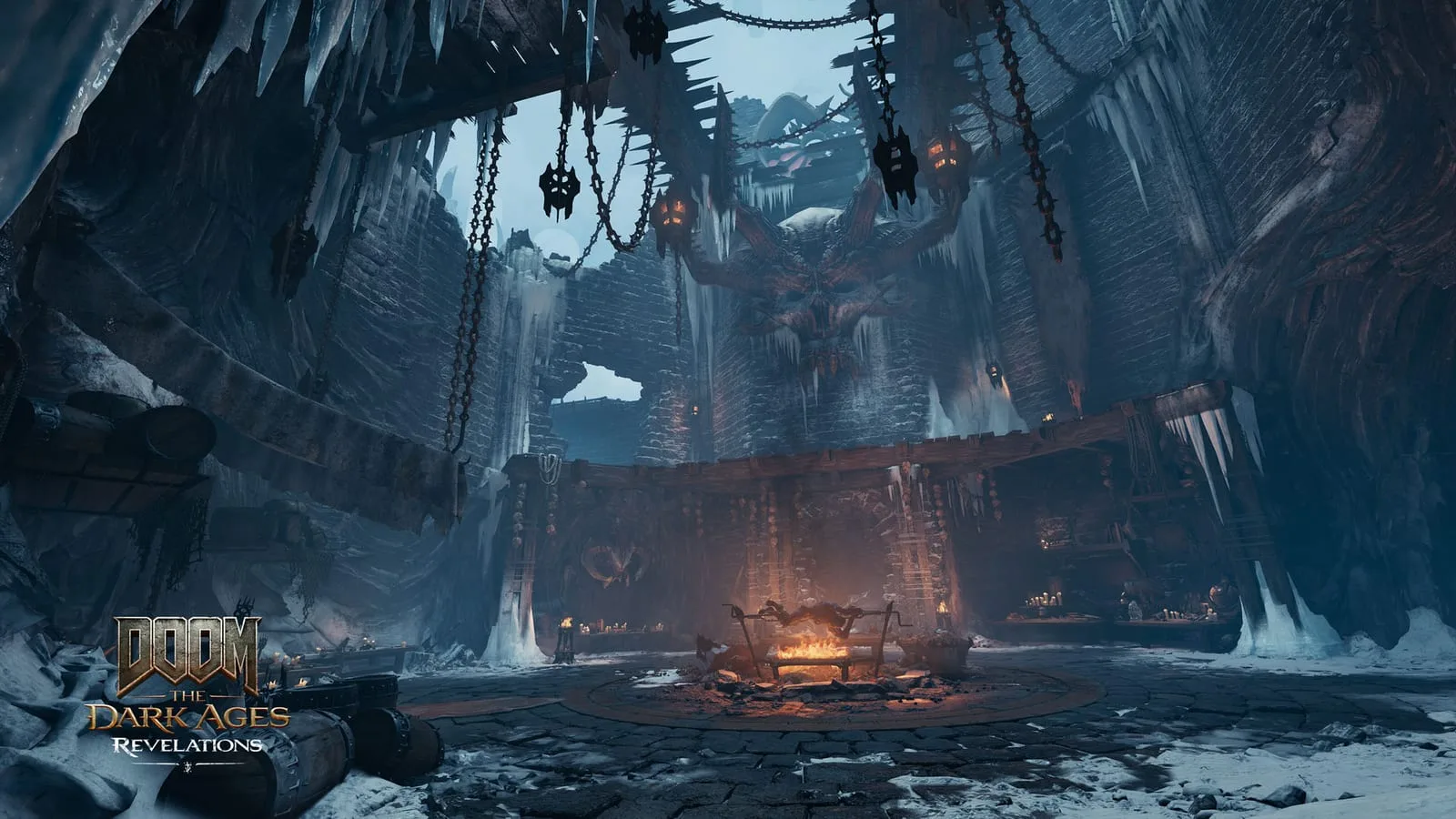 Visual do cenário Workshop no DLC Revelations de DOOM: The Dark Ages