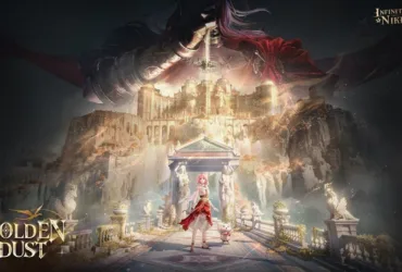 Visual oficial da atualização 2.8 Golden Dust de Infinity Nikki mostrando personagem com roupa brilhante
