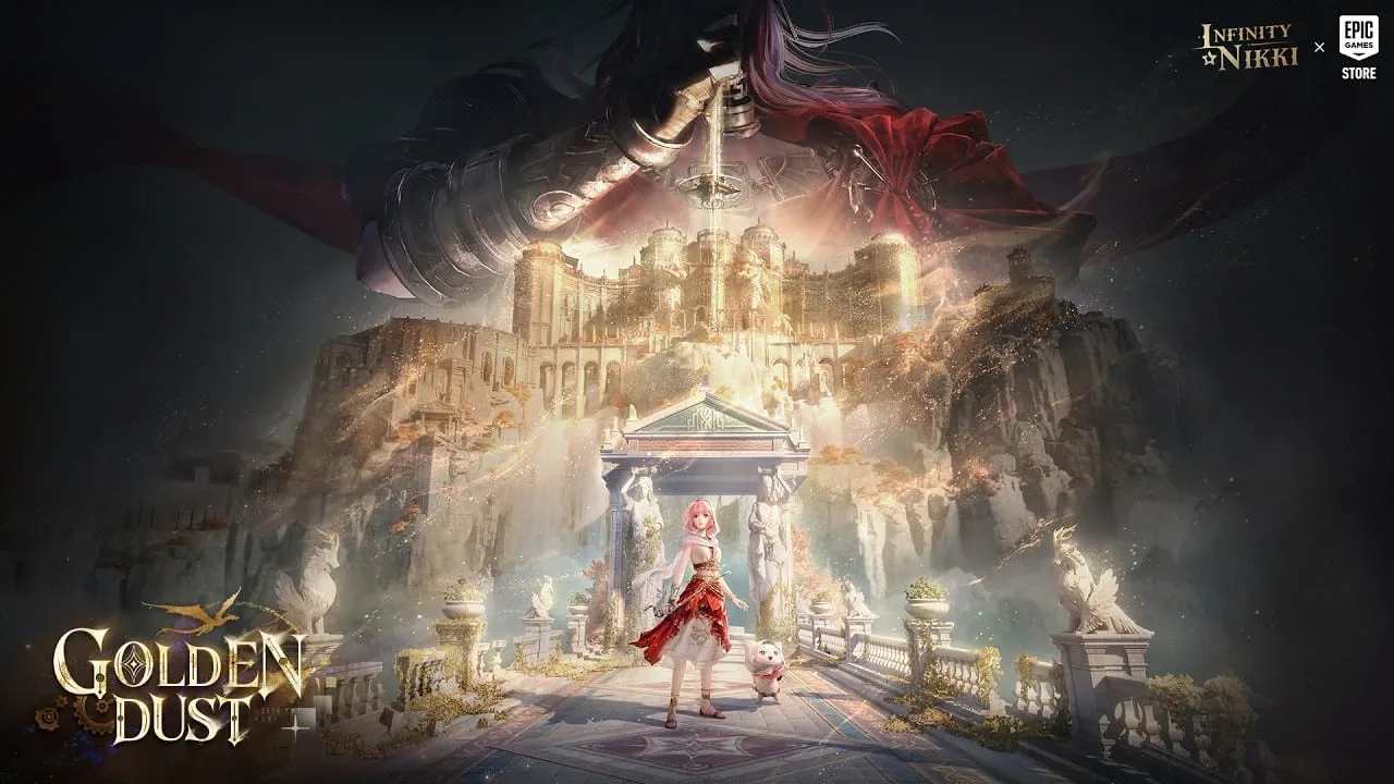 Visual oficial da atualização 2.8 Golden Dust de Infinity Nikki mostrando personagem com roupa brilhante