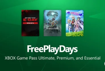 Arte promocional de Xbox Free Play Days com Gears of War: E-Day, Sunderfolk e Asdivine Cross