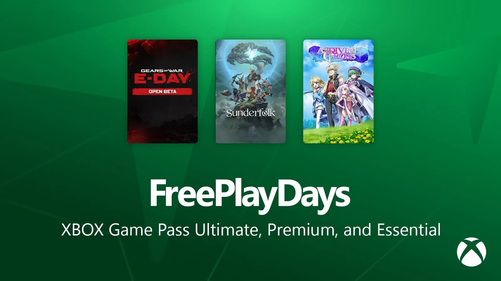 Arte promocional de Xbox Free Play Days com Gears of War: E-Day, Sunderfolk e Asdivine Cross