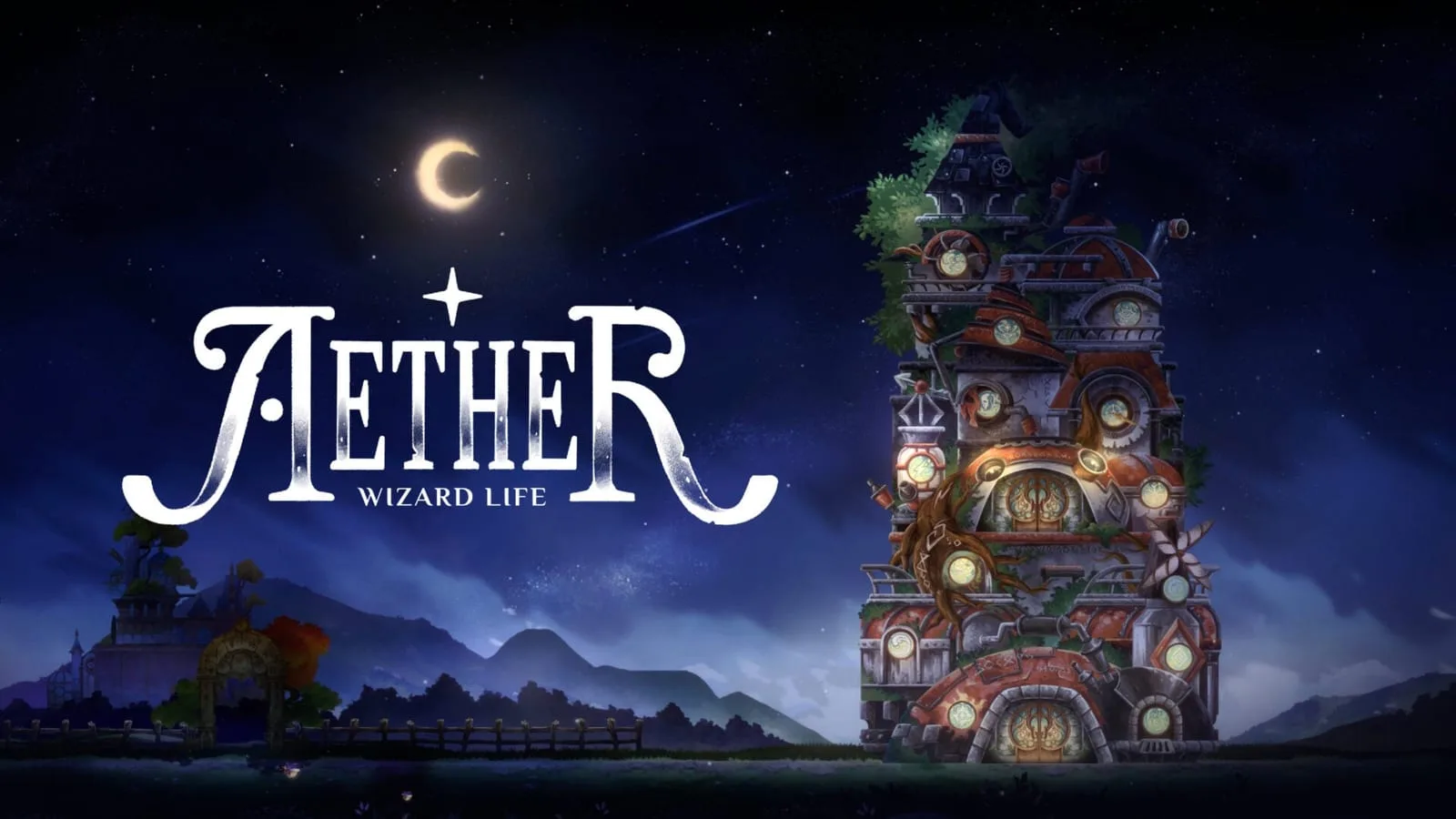 Cena de Aether Wizard Life mostrando o mundo de fantasia do jogo