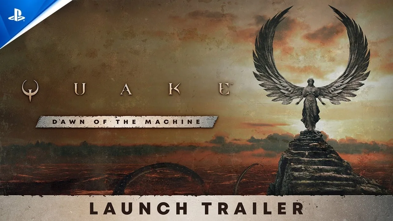 Cena do trailer oficial de Quake: Dawn of the Machine no PS5 e PS4 mostrando ação intensa