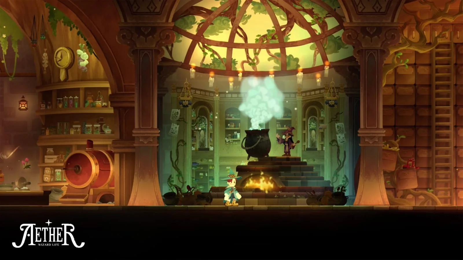 Imagem de Aether Wizard Life destacando uma cena do jogo com clima cozy e fantasia