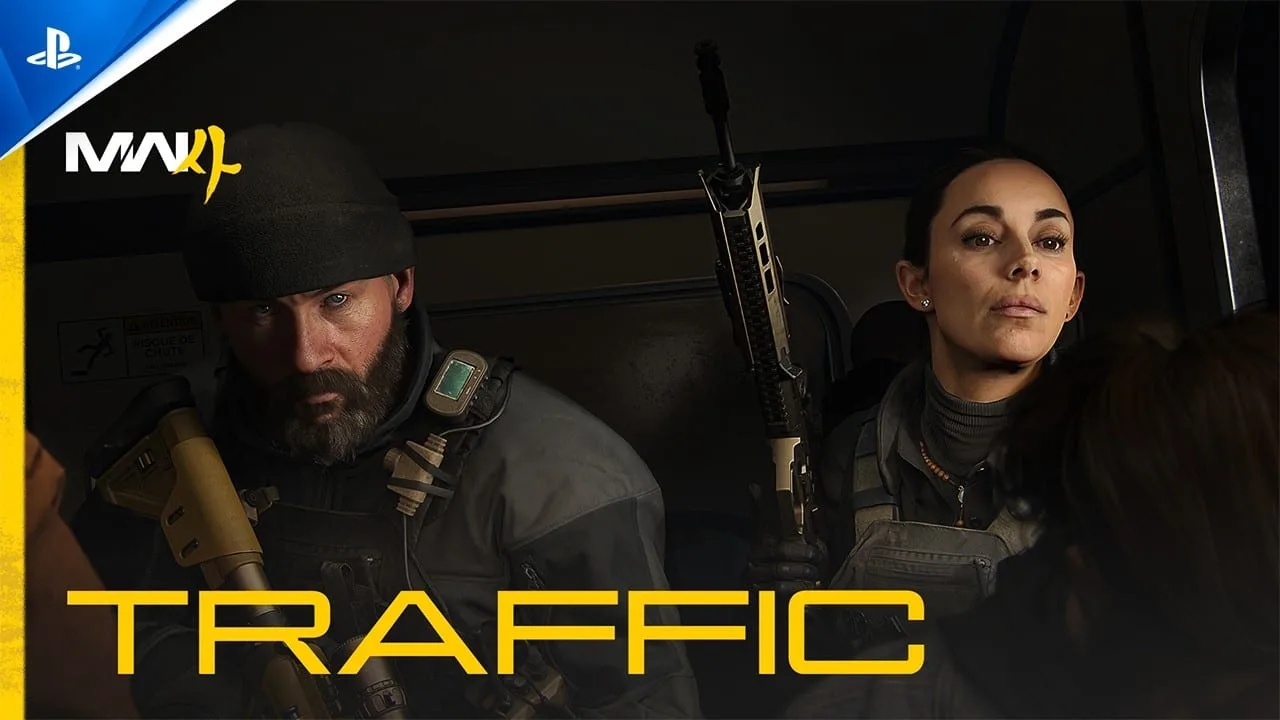Imagem de Call of Duty: Modern Warfare 4 mostrando Price e Valeria no vídeo Campaign First Look: Traffic