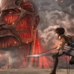 Imagem oficial de Attack on Titan 3 com personagens e titã no PS5