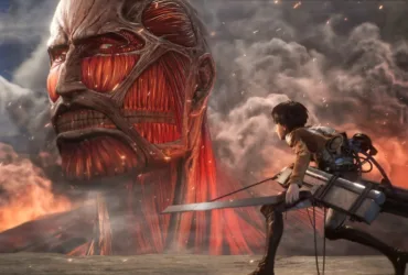 Imagem oficial de Attack on Titan 3 com personagens e titã no PS5