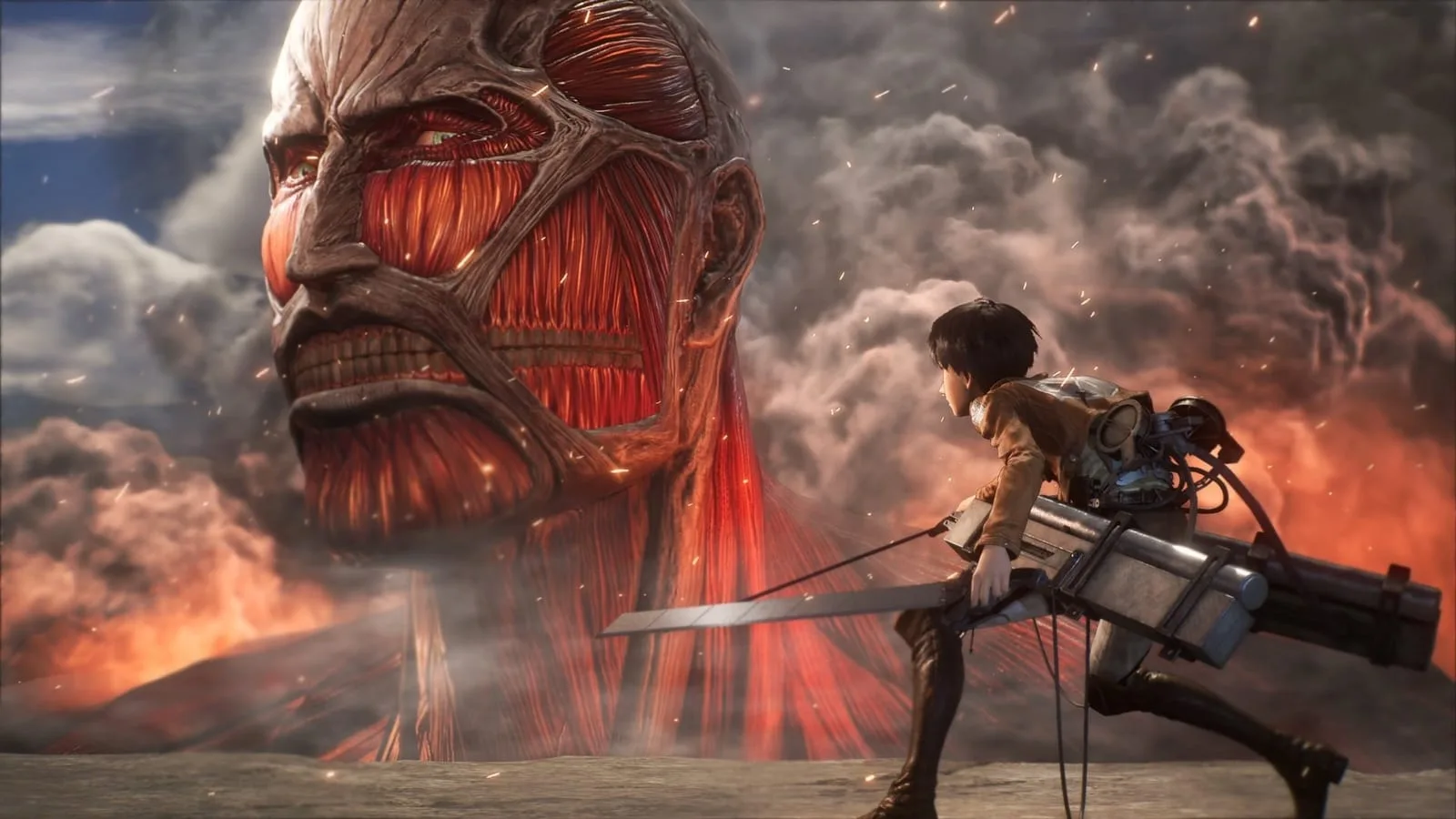 Imagem oficial de Attack on Titan 3 com personagens e titã no PS5