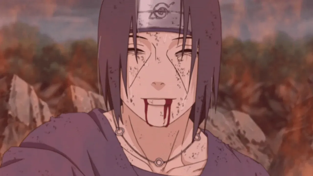 Itachi Uchiha, personagem de Naruto, sorri de forma serena para Sasuke Uchiha logo após a batalha entre os irmãos. A cena mostra o instante final de Itachi, marcado por exaustão, carinho contido e uma despedida silenciosa.