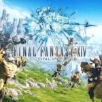 Imagem de capa de Final Fantasy XIV Online com o logo do jogo ao centro, personagens montados em chocobos atravessando uma região montanhosa e ensolarada de Eorzea, com criaturas e uma figura mágica azul ao fundo.