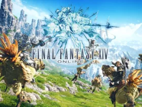 Imagem de capa de Final Fantasy XIV Online com o logo do jogo ao centro, personagens montados em chocobos atravessando uma região montanhosa e ensolarada de Eorzea, com criaturas e uma figura mágica azul ao fundo.