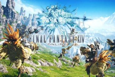 Imagem de capa de Final Fantasy XIV Online com o logo do jogo ao centro, personagens montados em chocobos atravessando uma região montanhosa e ensolarada de Eorzea, com criaturas e uma figura mágica azul ao fundo.