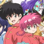 Arte promocional do anime Ranma 1/2 com Ranma Saotome em suas formas masculina e feminina no centro, Akane Tendo à esquerda e outros personagens do elenco ao redor. A composição colorida reúne lutadores, rivais e figuras cômicas da série, transmitindo romance, artes marciais e humor caótico.