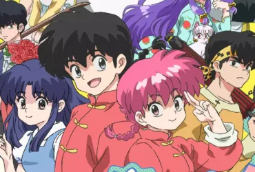Arte promocional do anime Ranma 1/2 com Ranma Saotome em suas formas masculina e feminina no centro, Akane Tendo à esquerda e outros personagens do elenco ao redor. A composição colorida reúne lutadores, rivais e figuras cômicas da série, transmitindo romance, artes marciais e humor caótico.