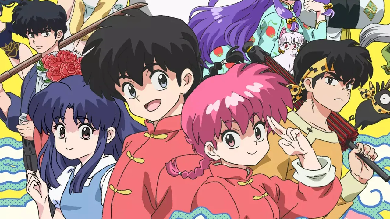 Arte promocional do anime Ranma 1/2 com Ranma Saotome em suas formas masculina e feminina no centro, Akane Tendo à esquerda e outros personagens do elenco ao redor. A composição colorida reúne lutadores, rivais e figuras cômicas da série, transmitindo romance, artes marciais e humor caótico.