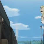 Edward Elric e Winry Rockbell, personagens de Fullmetal Alchemist: Brotherhood, aparecem em lados opostos de um trem em uma cena ao ar livre. Edward grita da porta do vagão, enquanto Winry responde na plataforma, com expressão emocionada. A imagem transmite despedida, carinho, humor e a parceria entre os dois.