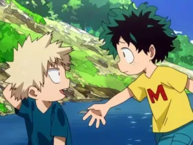 Cena de My Hero Academia com Izuku Midoriya, o Deku, ainda criança e usando camiseta amarela, estendendo a mão para Katsuki Bakugo, que está sentado perto de um riacho. Ao fundo há árvores, pedras e céu azul, em uma lembrança da infância dos dois.