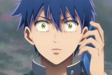 Personagem masculino de Psyren aparece em close com cabelo azul-escuro espetado e olhos verdes, segurando um telefone azul junto ao rosto. Ele veste uniforme escolar escuro e tem expressão surpresa diante de um fundo nebuloso, sugerindo suspense e ficção científica.