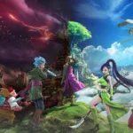 Arte promocional de Dragon Quest XI S: Echoes of an Elusive Age – Definitive Edition mostrando um grupo de aventureiros reunido em uma paisagem de fantasia, diante de uma grande árvore luminosa, sob um céu dividido entre tons roxos e azuis com relâmpagos ao fundo.