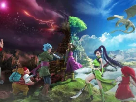 Arte promocional de Dragon Quest XI S: Echoes of an Elusive Age – Definitive Edition mostrando um grupo de aventureiros reunido em uma paisagem de fantasia, diante de uma grande árvore luminosa, sob um céu dividido entre tons roxos e azuis com relâmpagos ao fundo.