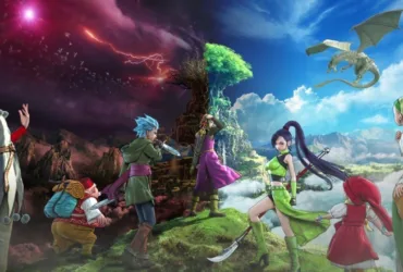 Arte promocional de Dragon Quest XI S: Echoes of an Elusive Age – Definitive Edition mostrando um grupo de aventureiros reunido em uma paisagem de fantasia, diante de uma grande árvore luminosa, sob um céu dividido entre tons roxos e azuis com relâmpagos ao fundo.