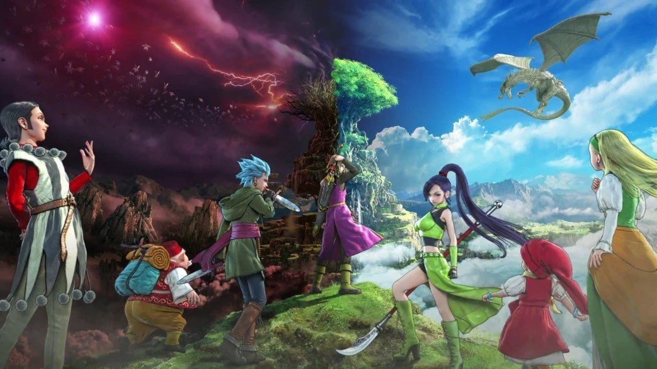 Arte promocional de Dragon Quest XI S: Echoes of an Elusive Age – Definitive Edition mostrando um grupo de aventureiros reunido em uma paisagem de fantasia, diante de uma grande árvore luminosa, sob um céu dividido entre tons roxos e azuis com relâmpagos ao fundo.
