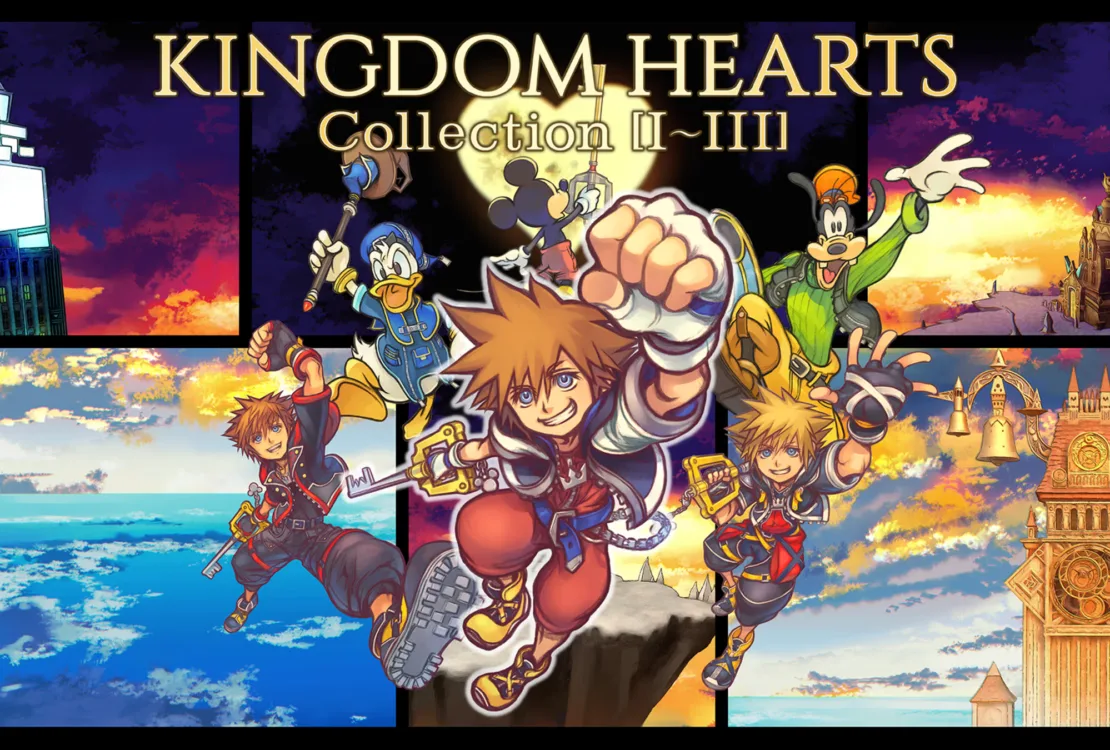 Arte de Kingdom Hearts Collection I–III com Sora em três versões, acompanhado por Donald, Pateta e Mickey, diante de cenários com castelos, torre de relógio e céu colorido.