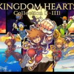 Arte de Kingdom Hearts Collection I–III com Sora em três versões, acompanhado por Donald, Pateta e Mickey, diante de cenários com castelos, torre de relógio e céu colorido.