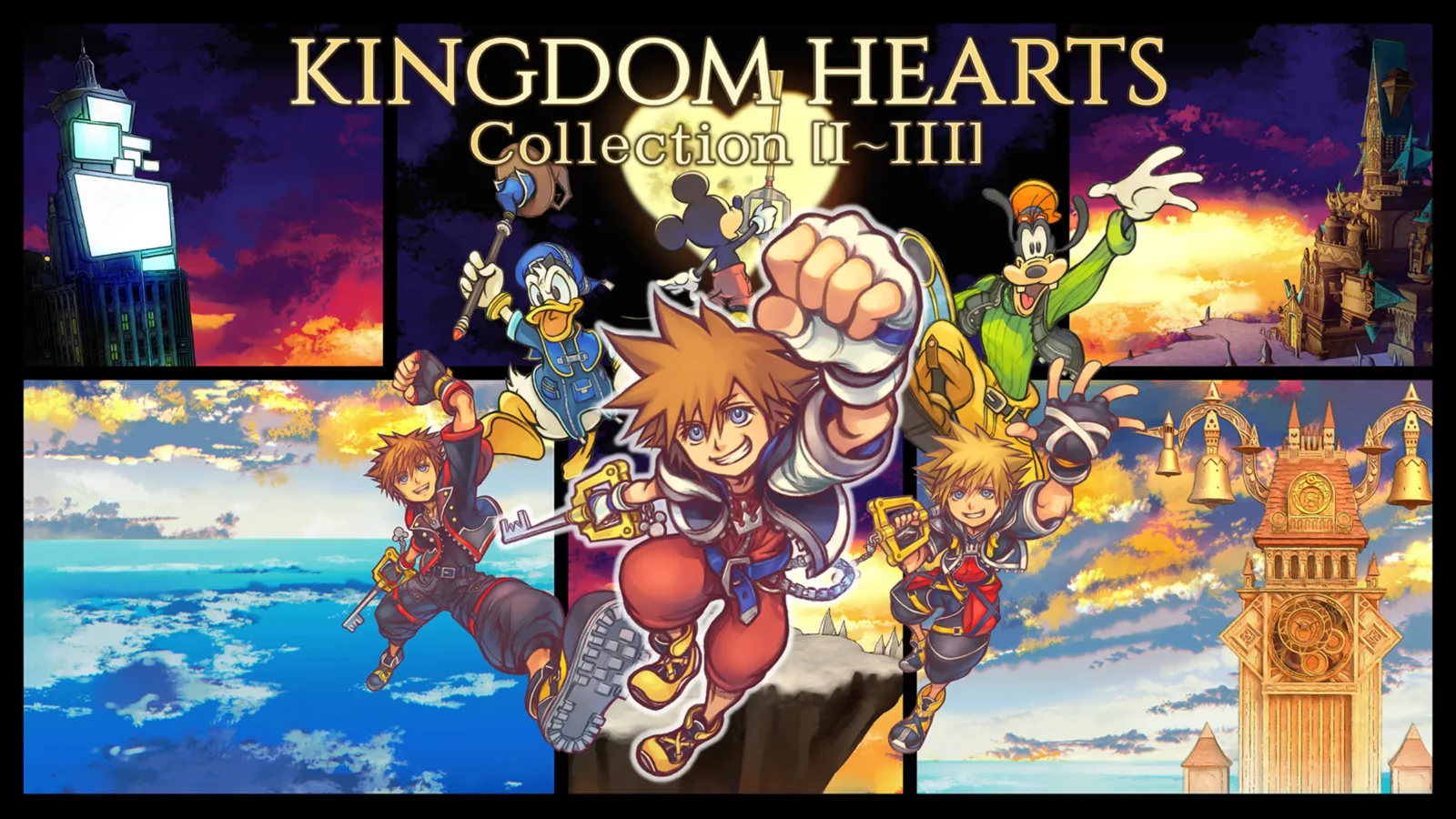 Arte de Kingdom Hearts Collection I–III com Sora em três versões, acompanhado por Donald, Pateta e Mickey, diante de cenários com castelos, torre de relógio e céu colorido.