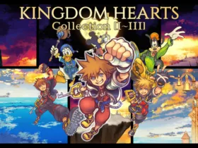 Arte de Kingdom Hearts Collection I–III com Sora em três versões, acompanhado por Donald, Pateta e Mickey, diante de cenários com castelos, torre de relógio e céu colorido.