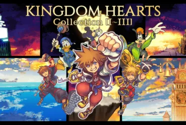 Arte de Kingdom Hearts Collection I–III com Sora em três versões, acompanhado por Donald, Pateta e Mickey, diante de cenários com castelos, torre de relógio e céu colorido.
